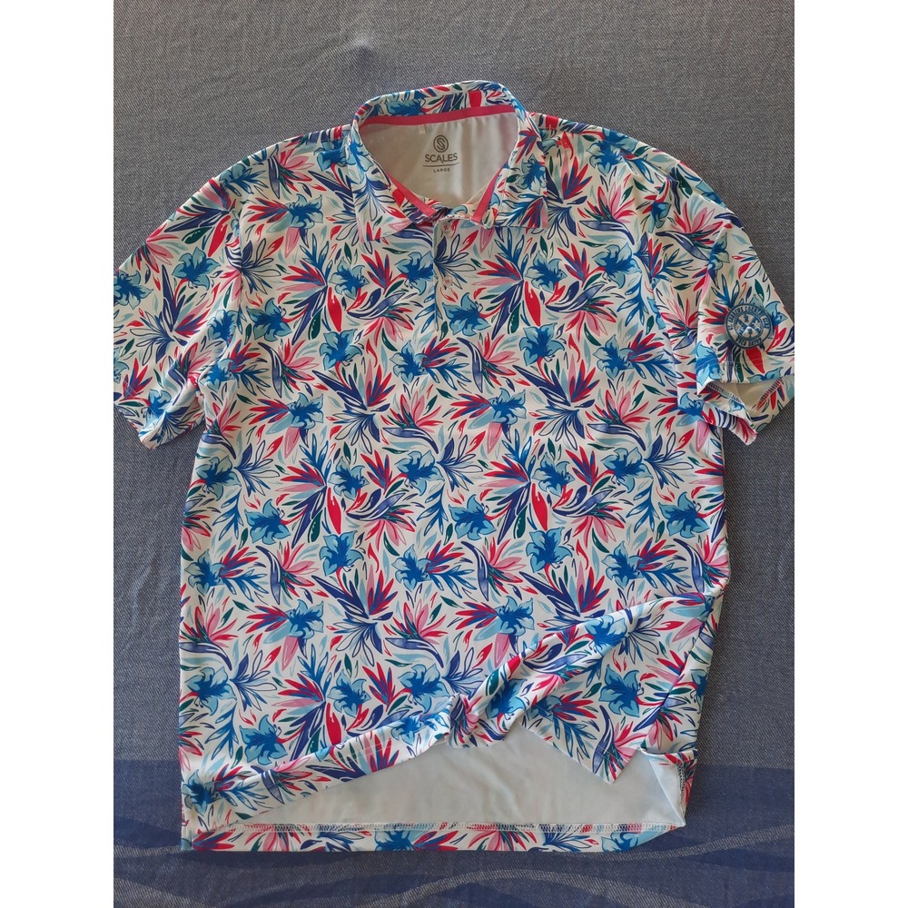 Scales Mens Tropical Floral Performance Golf Polo St Andrews CC Logo Large SEE
